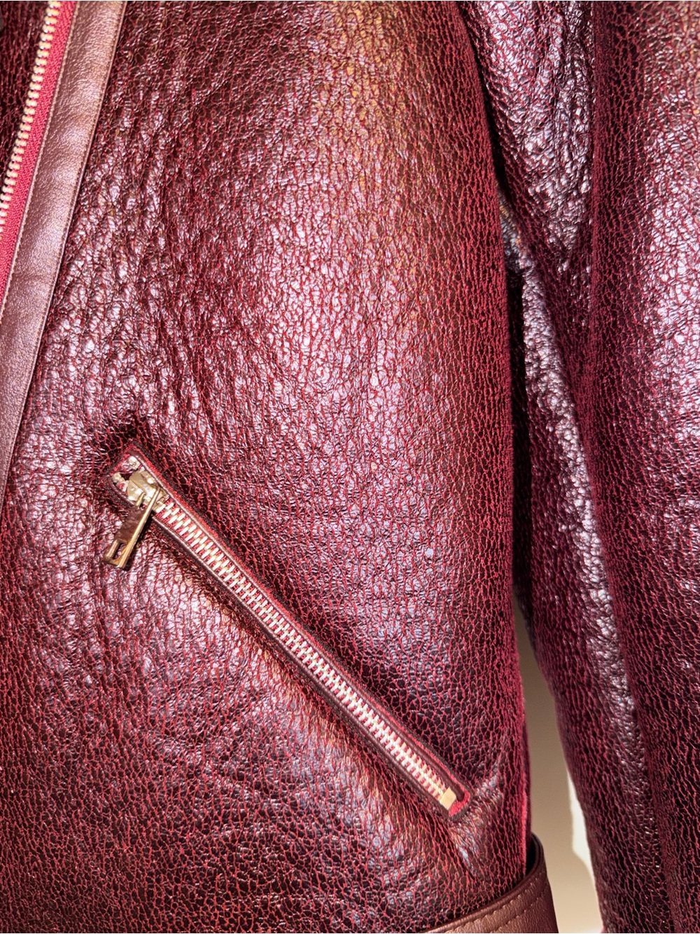 Commense Women’s Burgundy/Brown Vegan Shearling/Leather Moto Jacket - Picture 9 of 16